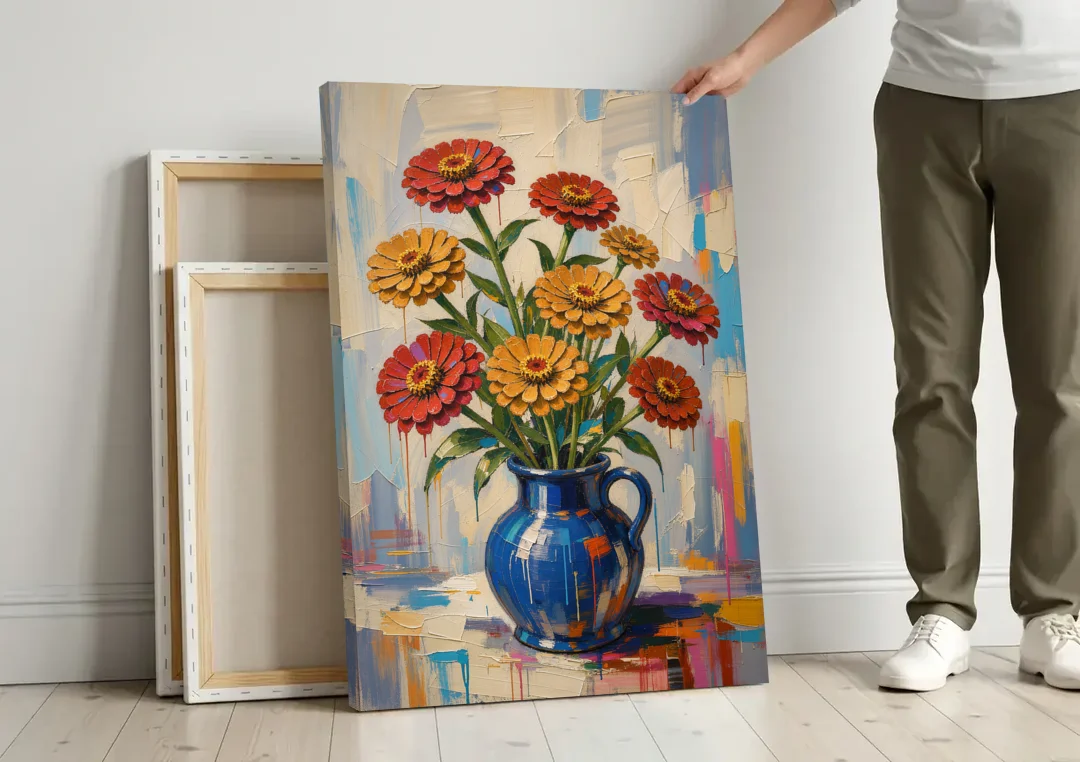 Red Floral Wall Art of Zinnias in a Cobalt Jug canvas wall art leaning against a wall next to blank canvases