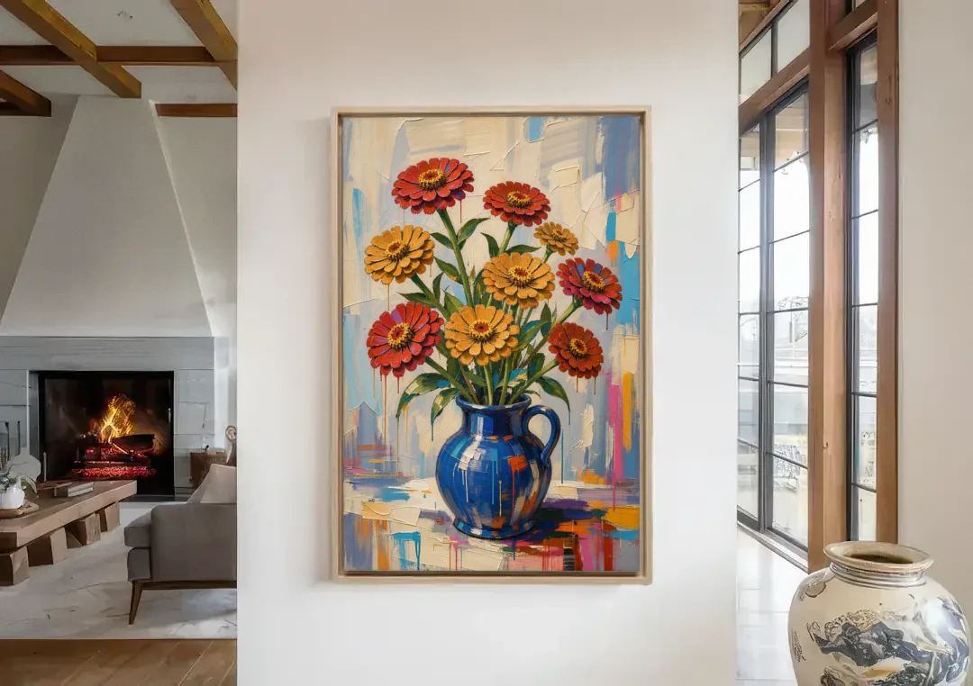 Red Floral Wall Art of Zinnias in a Cobalt Jug canvas wall art in a living room with a fireplace