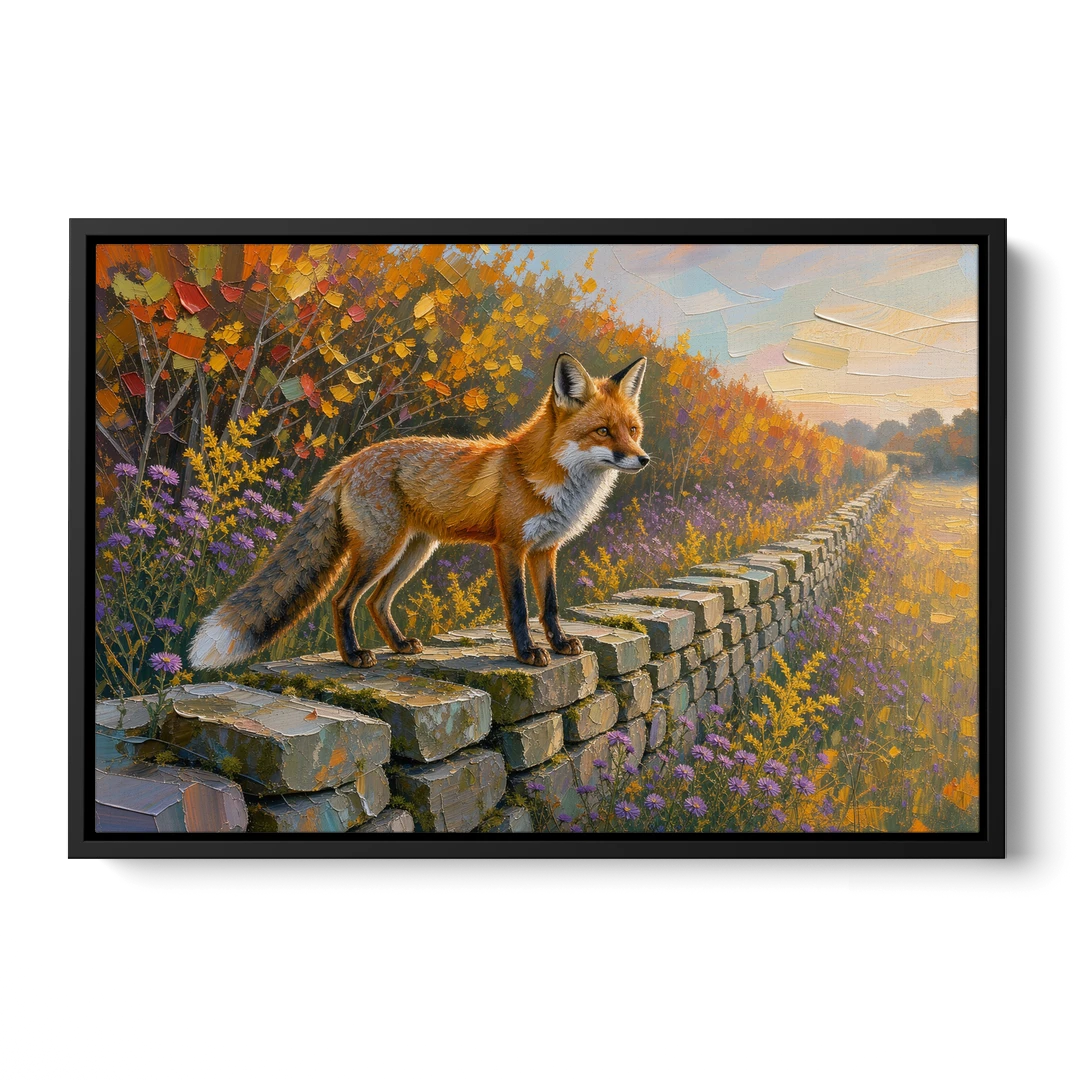 Red Fox on the Fieldstone Wall in Impasto - Black Framed Canvas Wall Art - Front