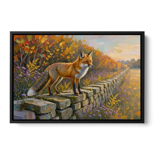Red Fox on the Fieldstone Wall in Impasto - Black Framed Canvas Wall Art - Front