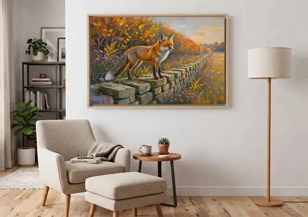 Red Fox on the Fieldstone Wall in Impasto canvas wall art above an armchair in a bright living room