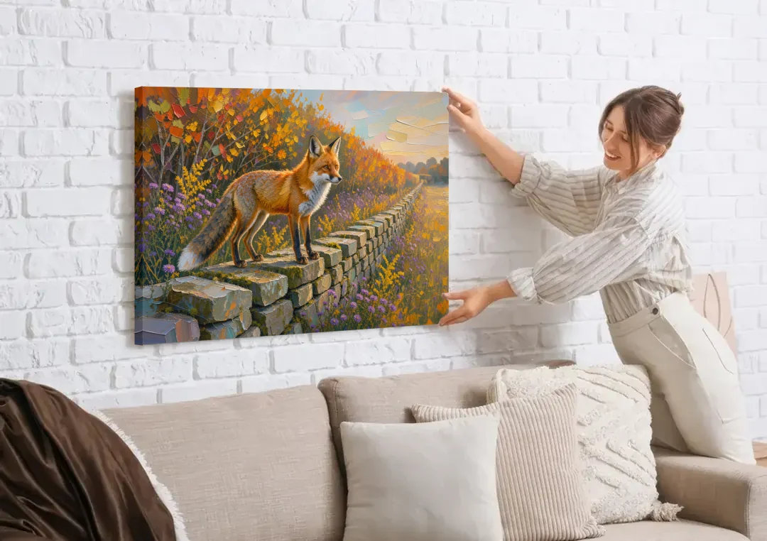 Red Fox on the Fieldstone Wall in Impasto canvas wall art being hung on a white brick wall above a sofa