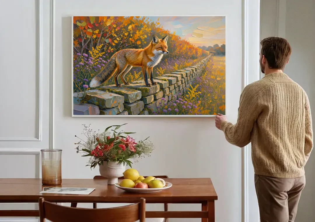 Red Fox on the Fieldstone Wall in Impasto canvas wall art above a dining table