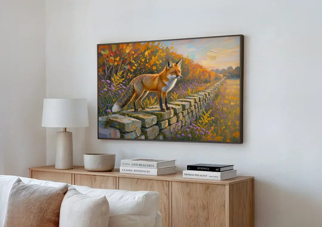 Red Fox on the Fieldstone Wall in Impasto canvas wall art above a wooden sideboard next to a sofa