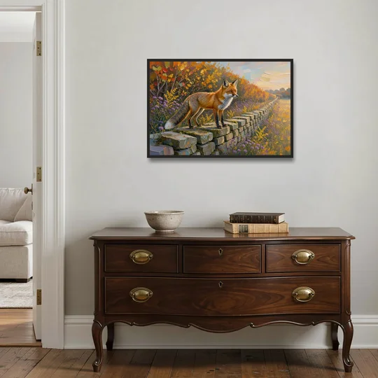 Red Fox on the Fieldstone Wall in Impasto - Black Framed Canvas Wall Art - Coffee Table - 36x24
