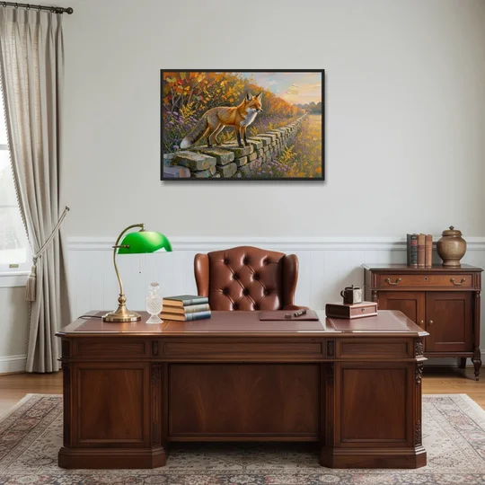 Red Fox on the Fieldstone Wall in Impasto - Black Framed Canvas Wall Art - Office - 36x24