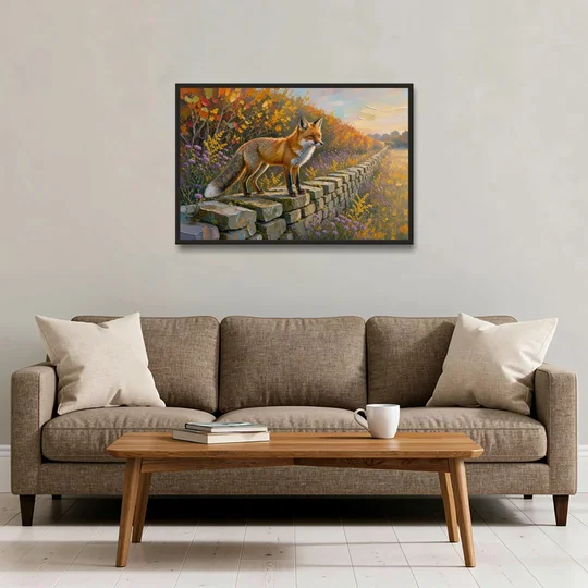 Red Fox on the Fieldstone Wall in Impasto - Black Framed Canvas Wall Art - Sofa - 36x24