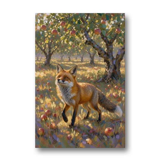 Red Fox Painting in the Apple Orchard - Canvas Wall Art - Front