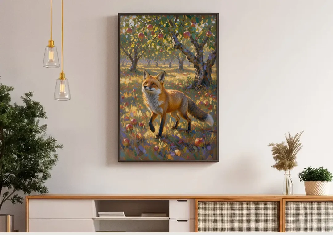 Red Fox Painting in the Apple Orchard canvas wall art above a wooden sideboard under pendant lights
