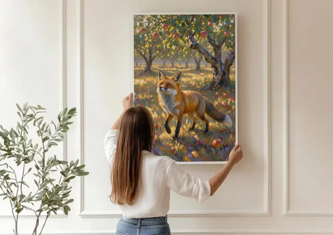 Red Fox Painting in the Apple Orchard canvas wall art being hung on a paneled wall
