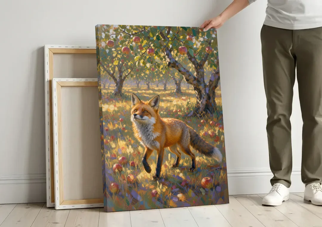 Red Fox Painting in the Apple Orchard canvas wall art leaning against a wall next to blank canvases