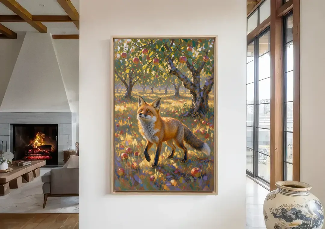 Red Fox Painting in the Apple Orchard canvas wall art in a living room with a fireplace