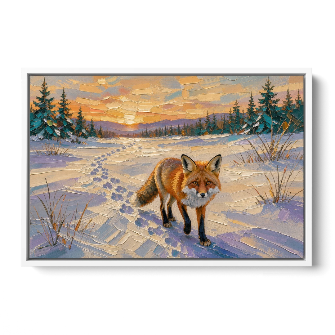 Red Fox Tracks at Winter Sunrise for the Cabin - White Framed Canvas Wall Art - Front