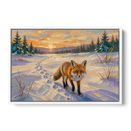 Red Fox Tracks at Winter Sunrise for the Cabin - White Framed Canvas Wall Art - Front