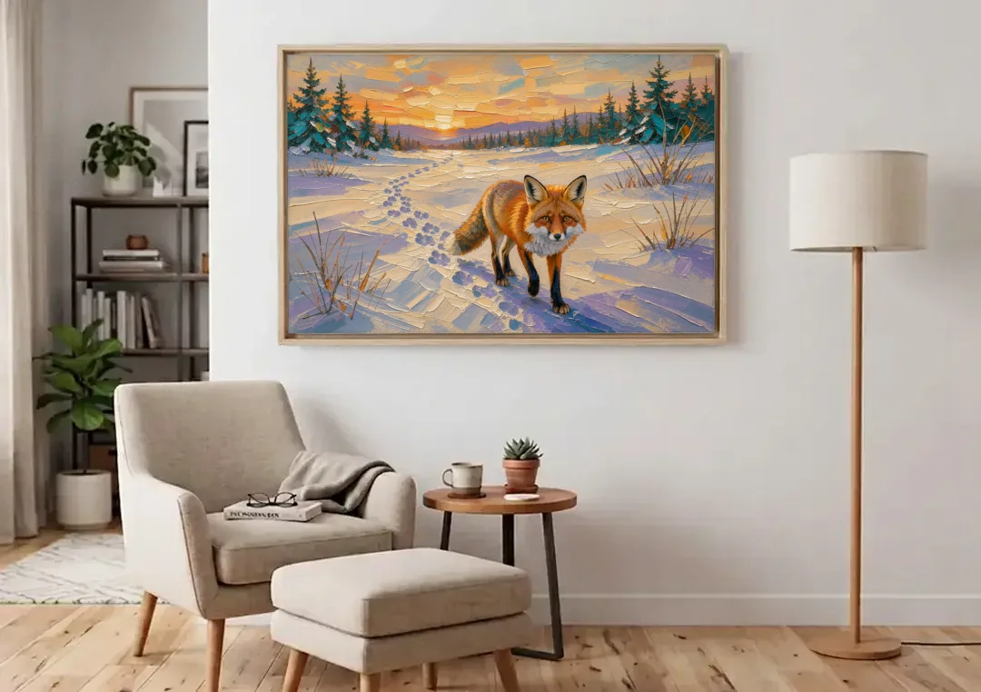 Red Fox Tracks at Winter Sunrise for the Cabin canvas wall art above an armchair in a bright living room