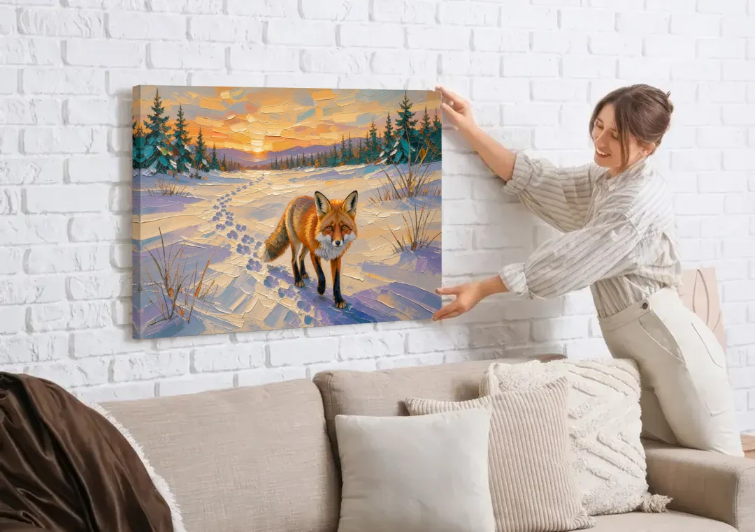 Red Fox Tracks at Winter Sunrise for the Cabin canvas wall art being hung on a white brick wall above a sofa
