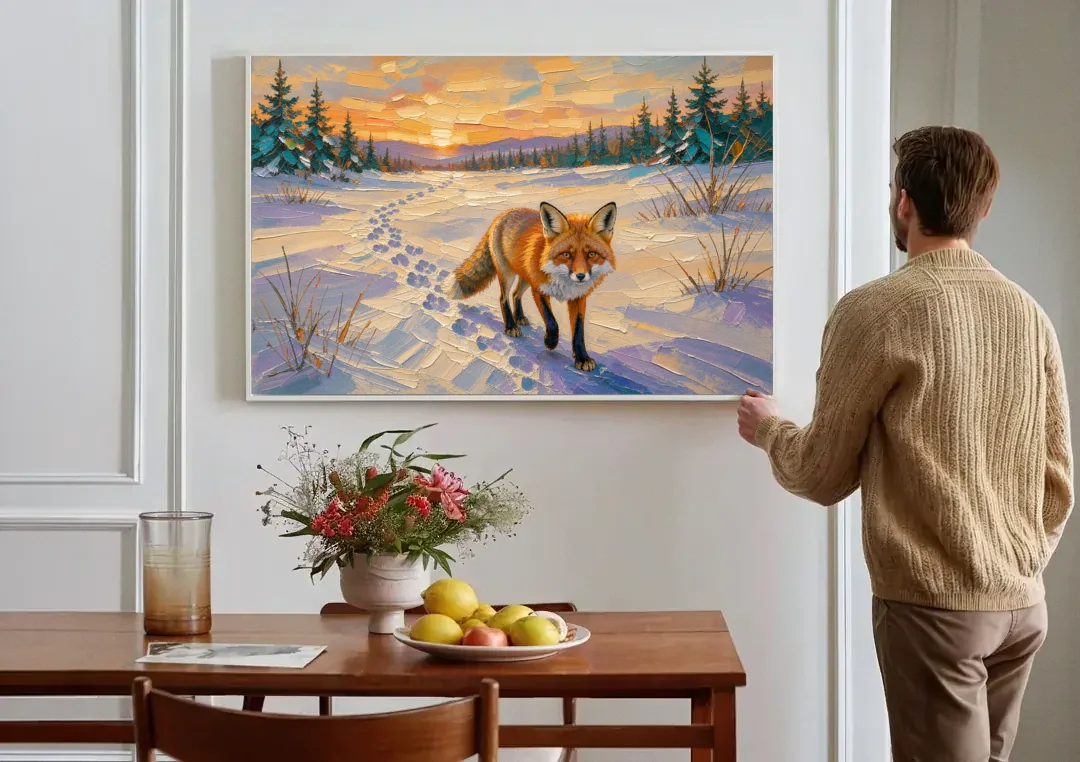 Red Fox Tracks at Winter Sunrise for the Cabin canvas wall art above a dining table