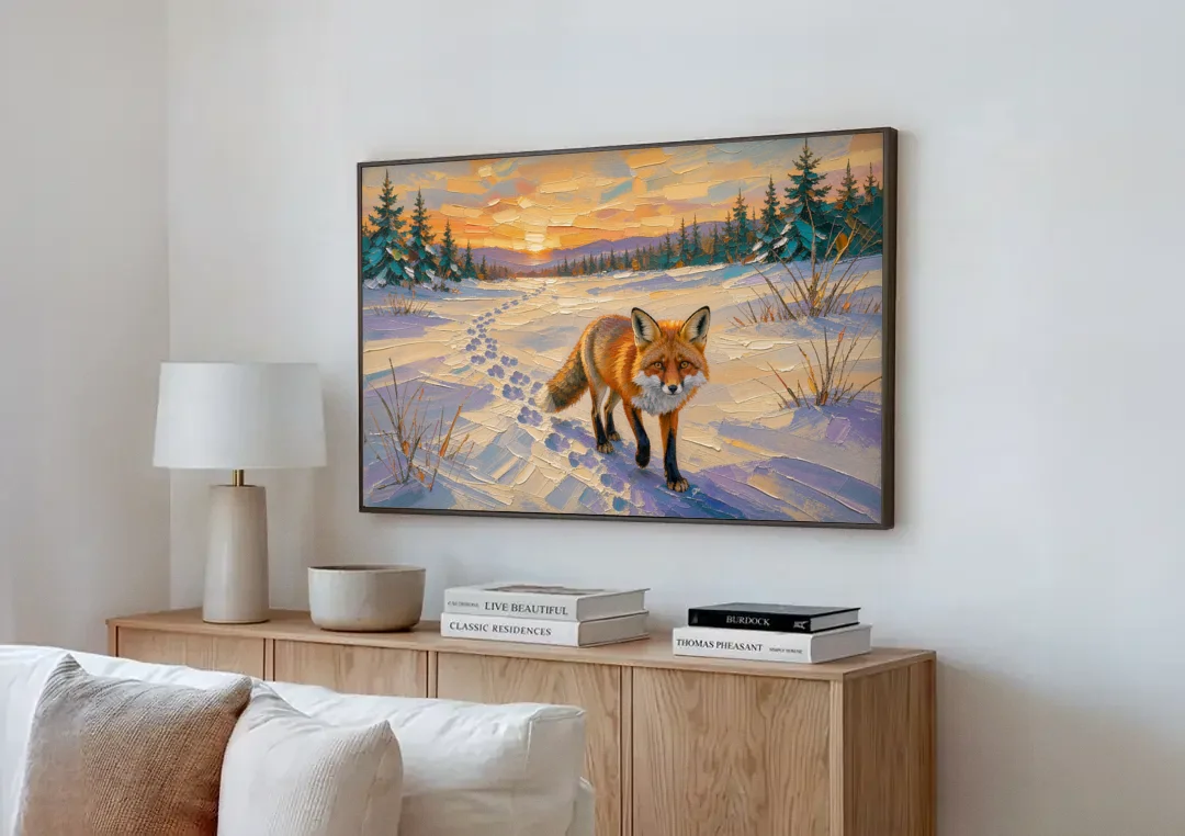 Red Fox Tracks at Winter Sunrise for the Cabin canvas wall art above a wooden sideboard next to a sofa