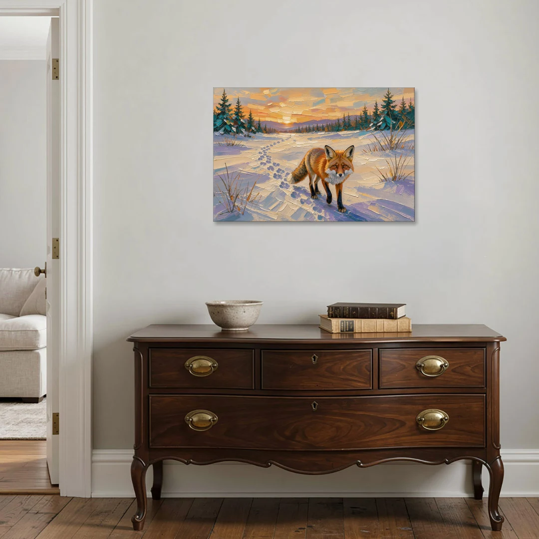 Red Fox Tracks at Winter Sunrise for the Cabin - Canvas Wall Art - Coffee Table - 36x24