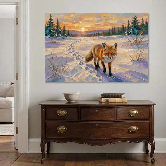 Red Fox Tracks at Winter Sunrise for the Cabin - Canvas Wall Art - Coffee Table - 60x40