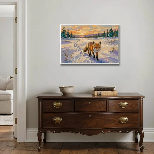 Red Fox Tracks at Winter Sunrise for the Cabin - White Framed Canvas Wall Art - Coffee Table - 36x24