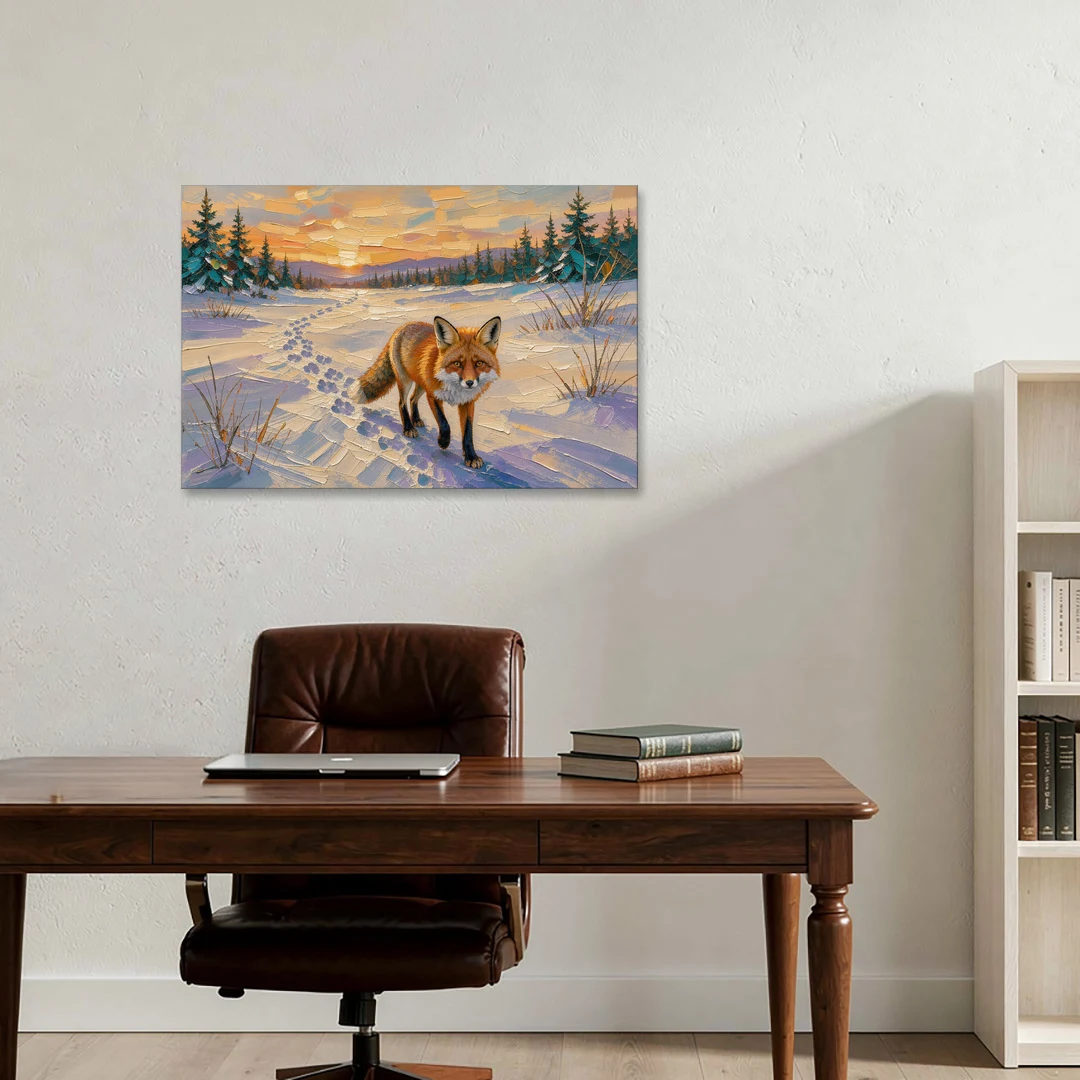 Red Fox Tracks at Winter Sunrise for the Cabin - Canvas Wall Art - Office - 36x24