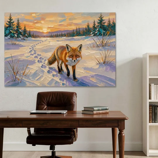 Red Fox Tracks at Winter Sunrise for the Cabin - Canvas Wall Art - Office - 60x40
