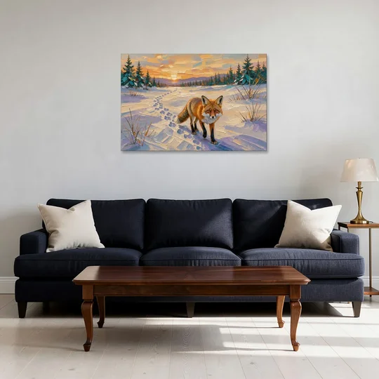 Red Fox Tracks at Winter Sunrise for the Cabin - Canvas Wall Art - Sofa - 36x24