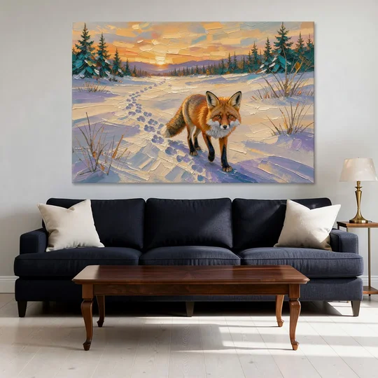 Red Fox Tracks at Winter Sunrise for the Cabin - Canvas Wall Art - Sofa - 60x40