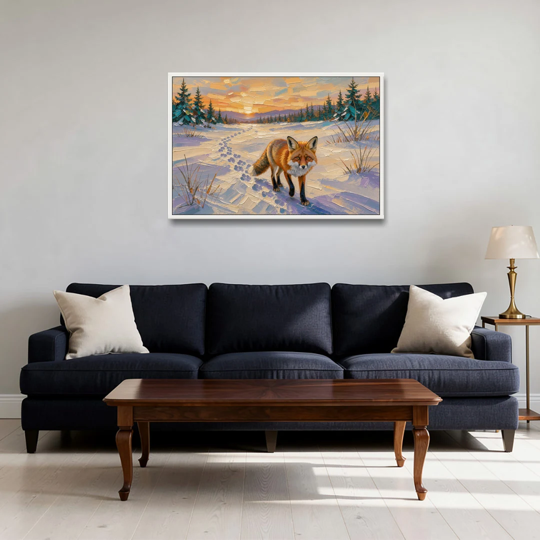 Red Fox Tracks at Winter Sunrise for the Cabin - White Framed Canvas Wall Art - Sofa - 36x24