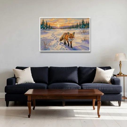 Red Fox Tracks at Winter Sunrise for the Cabin - White Framed Canvas Wall Art - Sofa - 36x24