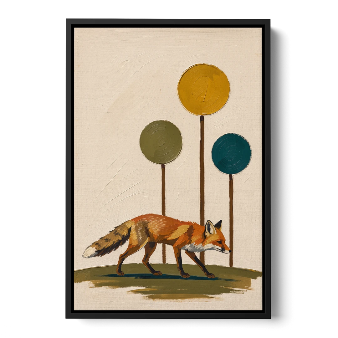 Red Fox Trotting Through Lollipop Autumn Trees - Black Framed Canvas Wall Art - Front