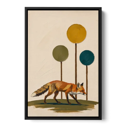 Red Fox Trotting Through Lollipop Autumn Trees - Black Framed Canvas Wall Art - Front