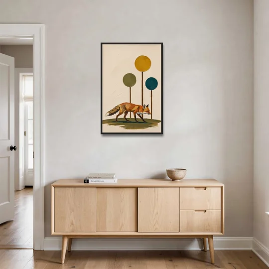 Red Fox Trotting Through Lollipop Autumn Trees - Black Framed Canvas Wall Art - Coffee Table - 24x36