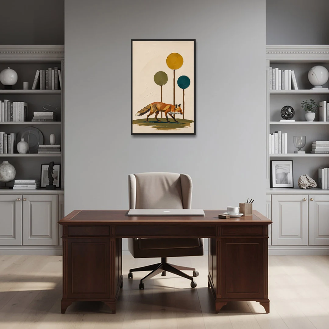 Red Fox Trotting Through Lollipop Autumn Trees - Black Framed Canvas Wall Art - Office - 24x36