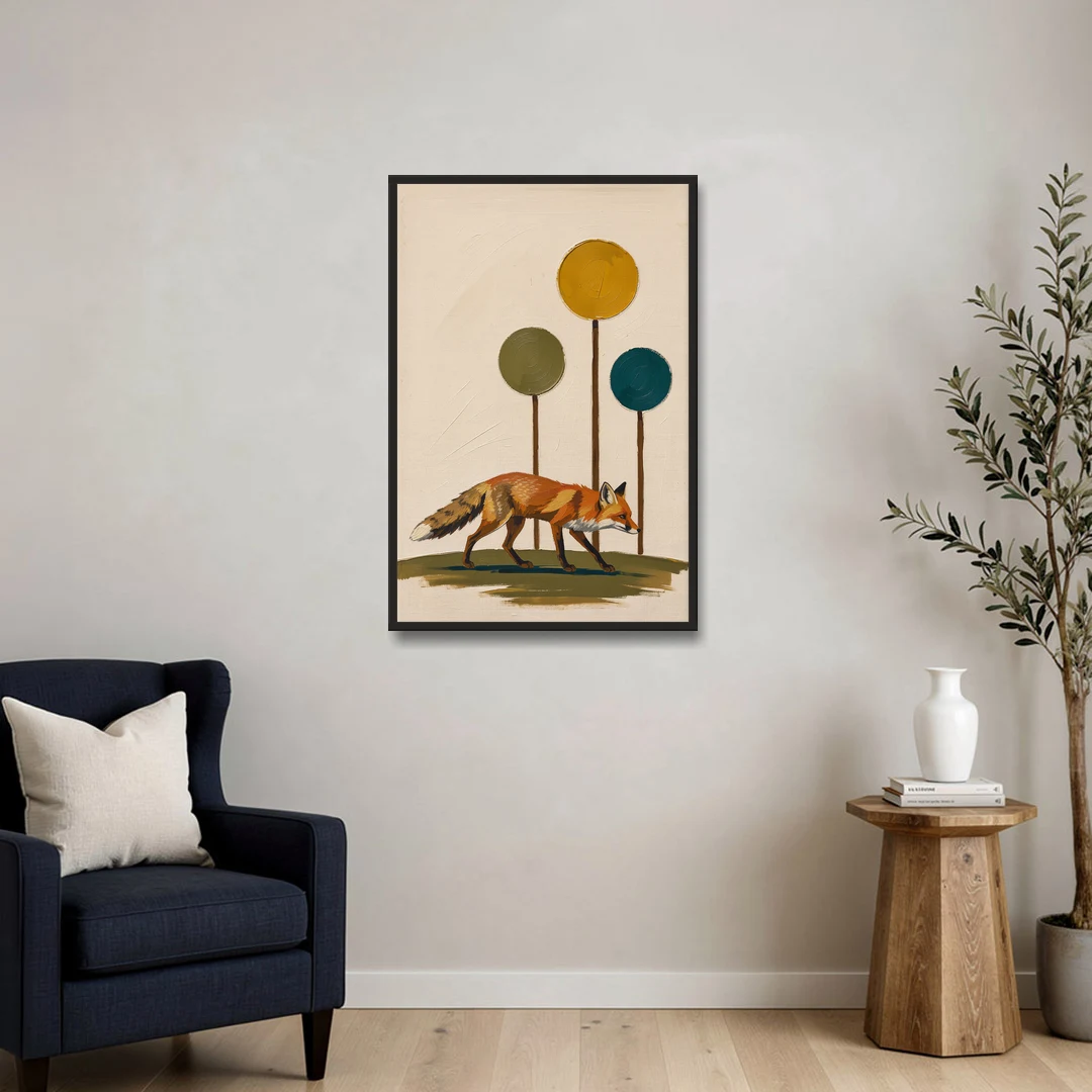 Red Fox Trotting Through Lollipop Autumn Trees - Black Framed Canvas Wall Art - Sofa - 24x36