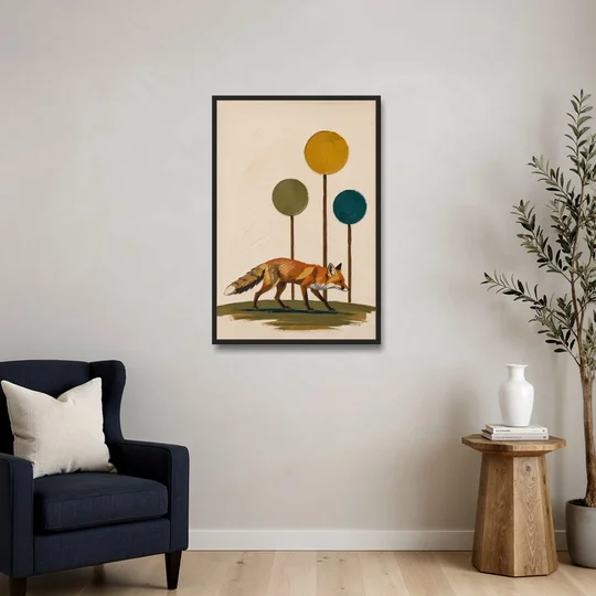 Red Fox Trotting Through Lollipop Autumn Trees - Black Framed Canvas Wall Art - Sofa - 24x36