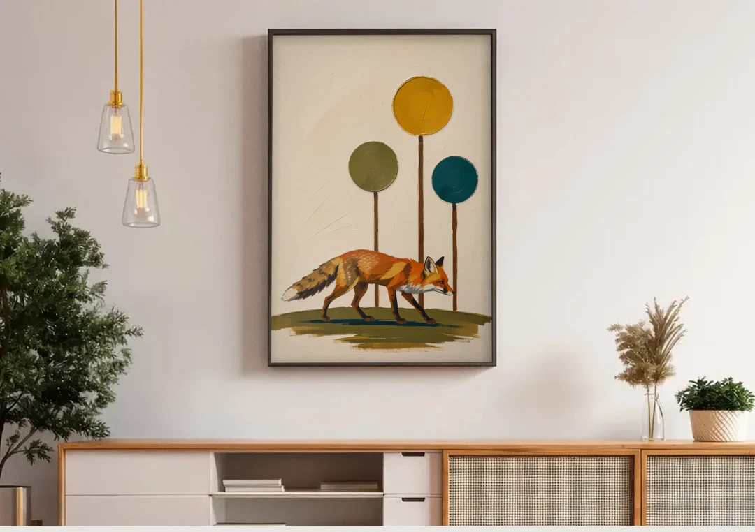 Red Fox Trotting Through Lollipop Autumn Trees canvas wall art above a wooden sideboard under pendant lights