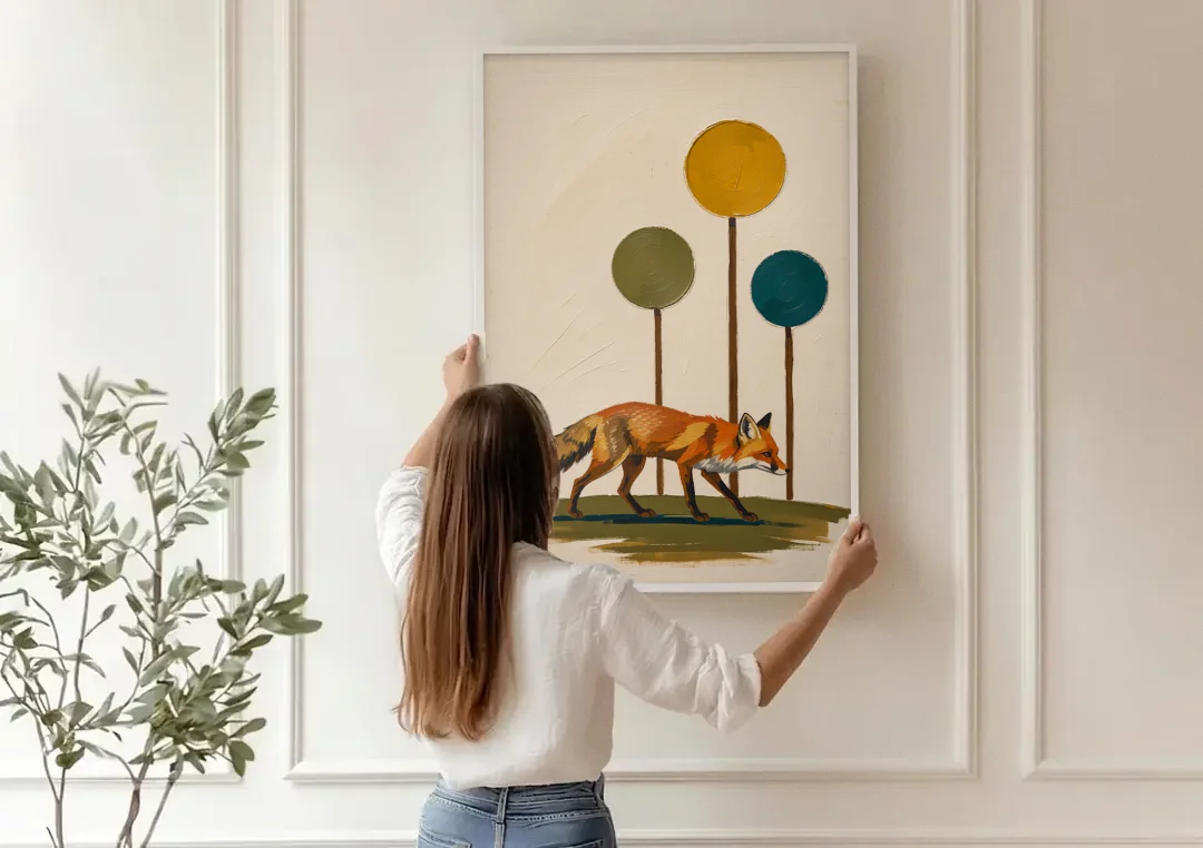 Red Fox Trotting Through Lollipop Autumn Trees canvas wall art being hung on a paneled wall