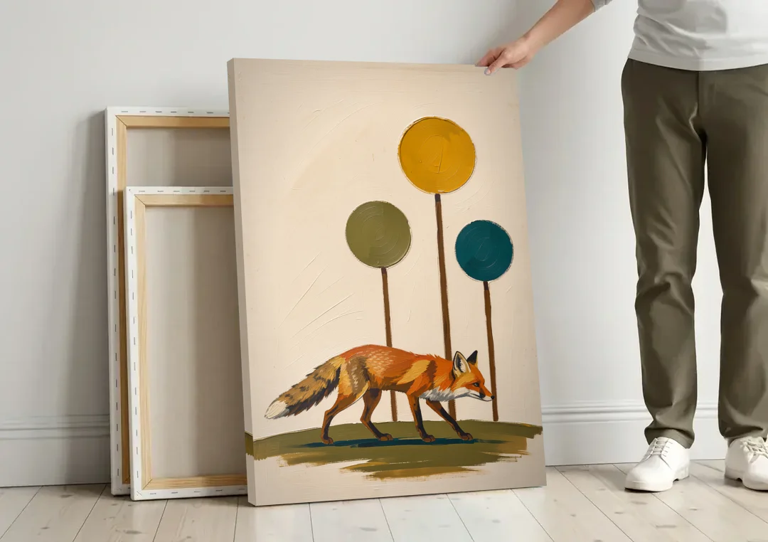 Red Fox Trotting Through Lollipop Autumn Trees canvas wall art leaning against a wall next to blank canvases