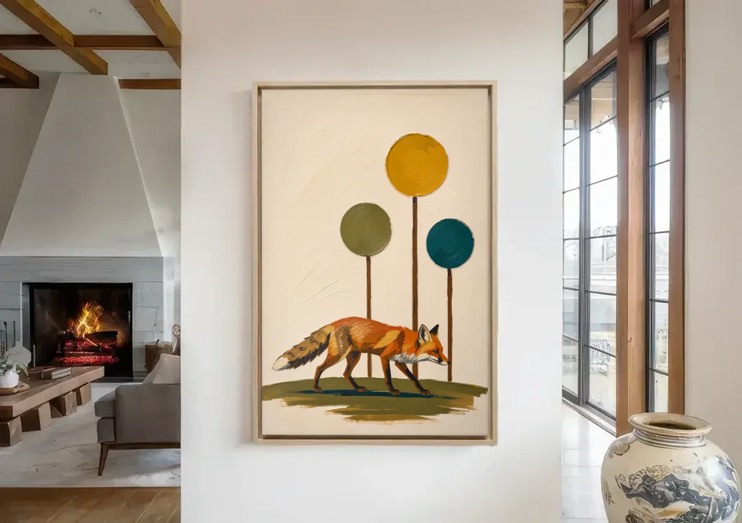 Red Fox Trotting Through Lollipop Autumn Trees canvas wall art in a living room with a fireplace