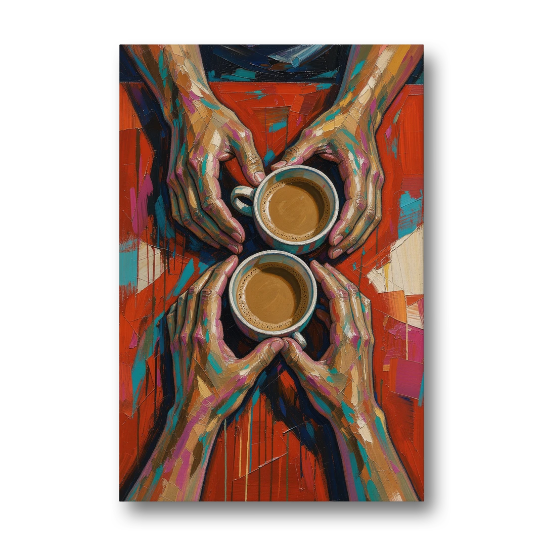 Red Kitchen Wall Art of Hands Around Two Coffees - Canvas Wall Art - Front