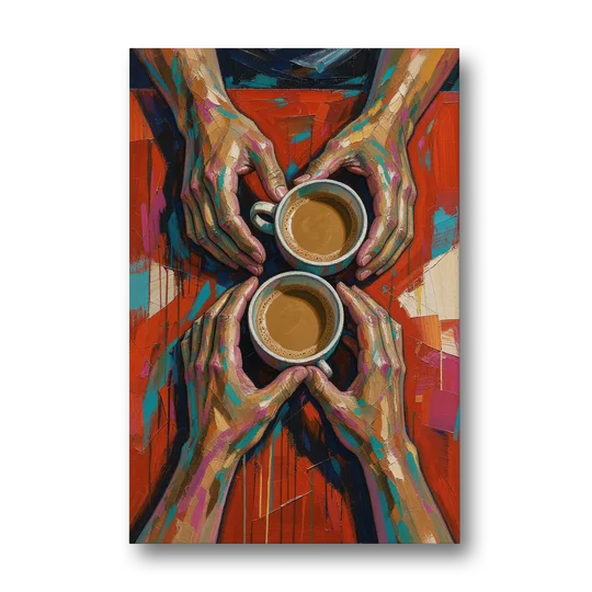 Red Kitchen Wall Art of Hands Around Two Coffees - Canvas Wall Art - Front