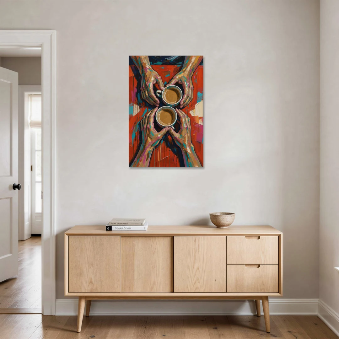 Red Kitchen Wall Art of Hands Around Two Coffees - Canvas Wall Art - Coffee Table - 24x36