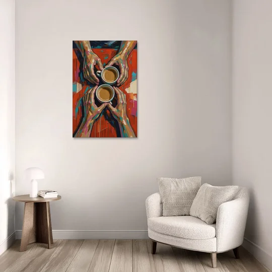 Red Kitchen Wall Art of Hands Around Two Coffees - Canvas Wall Art - Sofa - 24x36