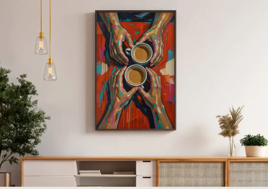Red Kitchen Wall Art of Hands Around Two Coffees canvas wall art above a wooden sideboard under pendant lights