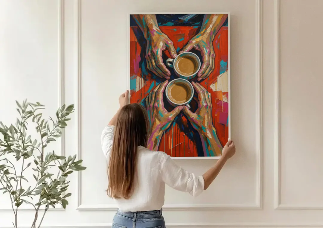 Red Kitchen Wall Art of Hands Around Two Coffees canvas wall art being hung on a paneled wall