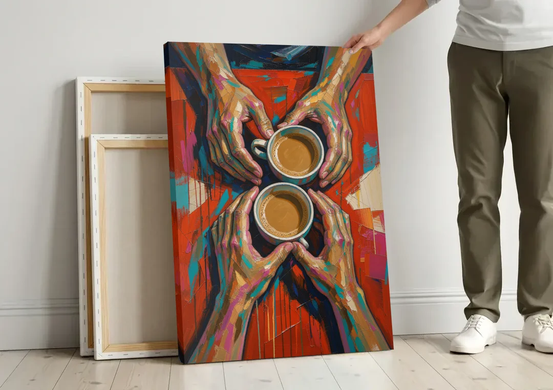 Red Kitchen Wall Art of Hands Around Two Coffees canvas wall art leaning against a wall next to blank canvases