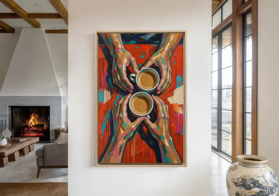 Red Kitchen Wall Art of Hands Around Two Coffees canvas wall art in a living room with a fireplace