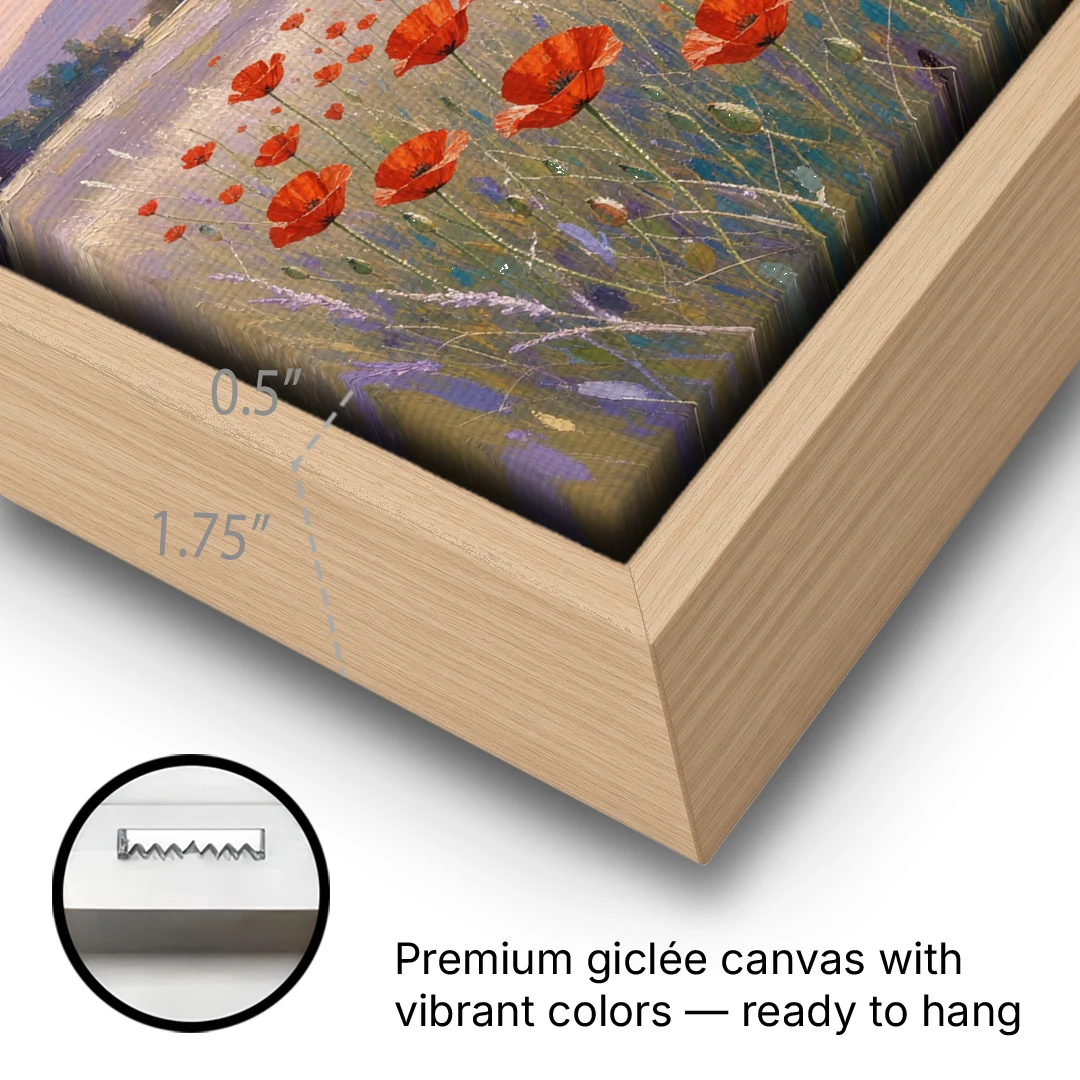 Red Poppy Meadow at Twilight - Oak Framed Canvas Wall Art - Gallery Wrap Corner